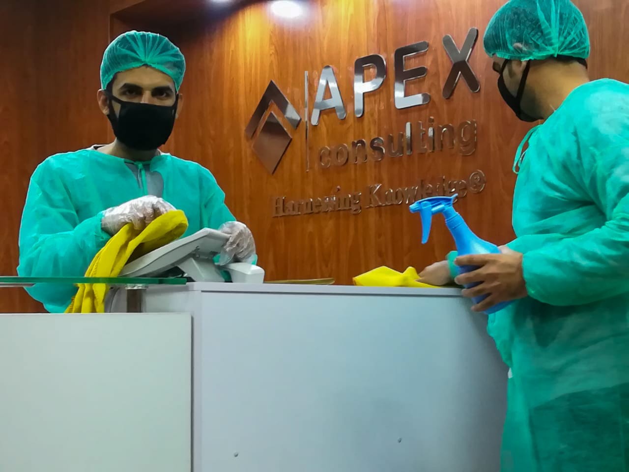 Amid this Corona pandemic, APEX Consulting executed a complete disinfecting activity at its head office Islamabad. The same will be practiced at all Provincial offices in due time.

We are up against this virus being individuals, families, organizations, entities and above all as a nation. Now is the high time that we act like a civilized nation and do whatever is in our hands and abide by all the measures required by us. The nation and the whole world is going to get through these hard times; we are only required to act by two rules i.e. being disciplined and vigilant. 
 
Quick Tip (regarding disinfecting process):
Wipe down a surface in one direction and don’t go back over it in the opposite direction because it will deposit germs that were just cleaned up. Routinely wipe down all frequently touched surfaces such as workstations, countertops, and doorknobs.